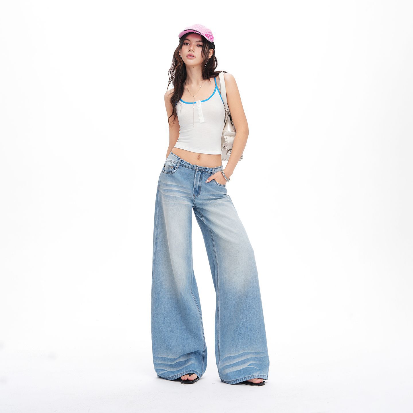 Spring Summer No Waistband Proportion Heavy Wash Relaxed Wide Leg Denim Pants For Women Casual Pants Oversize Denim Trousers XS