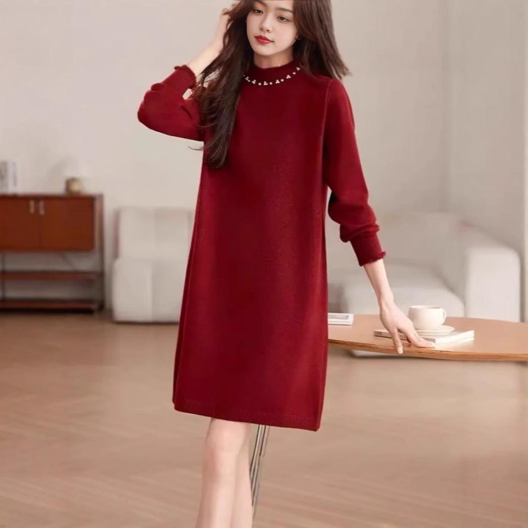 

Plus Size Thick Knit High Neck Sweater Dress for Autumn/Winter - Mid-Length Loose Fit Medium