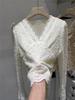 Women's French Patchwork Lace Thickened Long Sleeve Top - Warm, Slimming, Plus Velvet for Autumn/Winter.