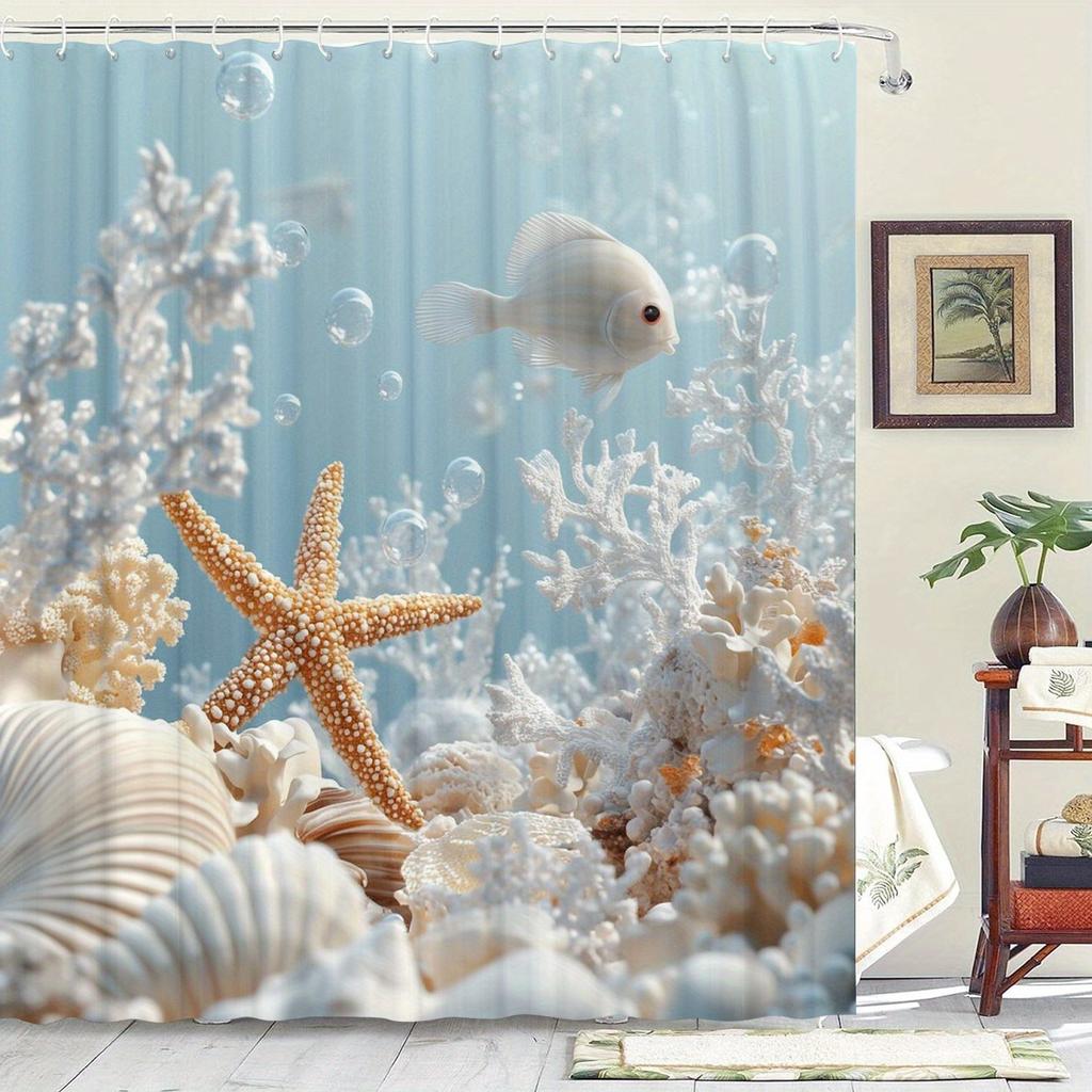 1pc Shower Curtain - Underwater Scene with Starfish, Fish, and Coral Reef Design Waterproof