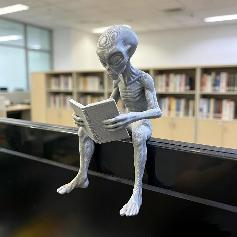 Creative Alien Reading Book Statue, Unique Quirky Desktop Decor, Trendy Display Ornament for Study & Bookshelf, Colorfast, Fun O