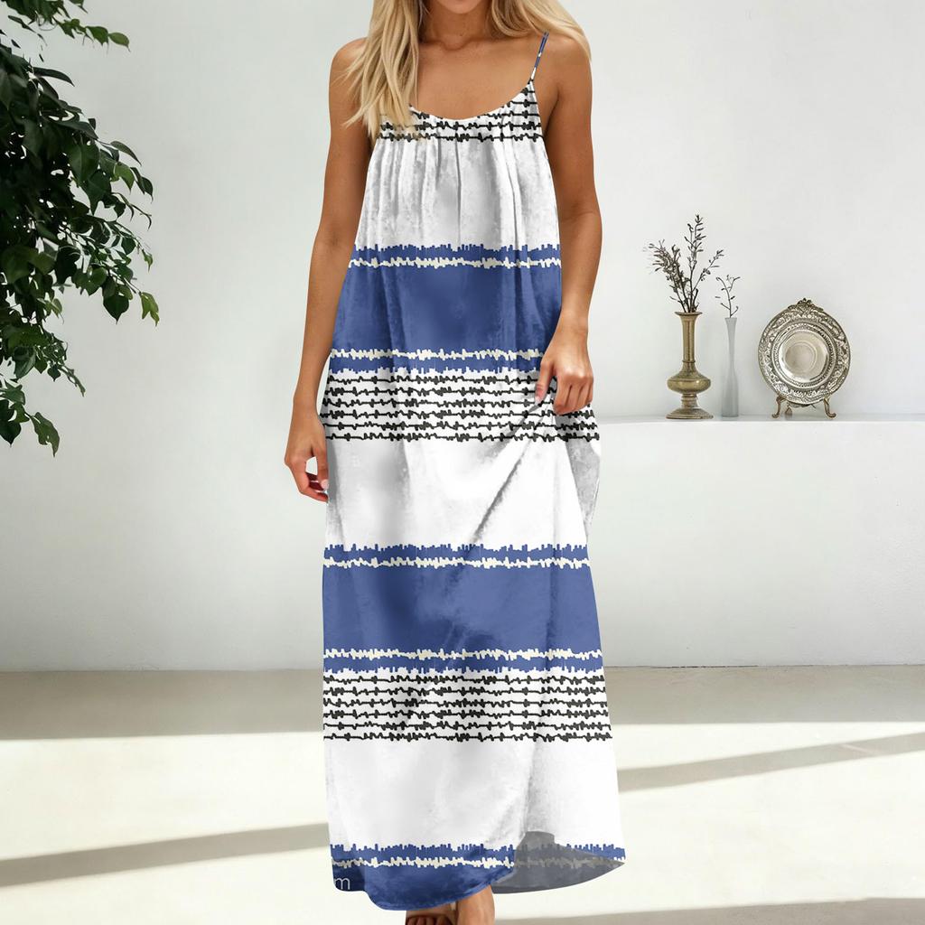 Women's Fashion Backless Spaghetti Strap Casual Loose-Fit Striped Print Dress