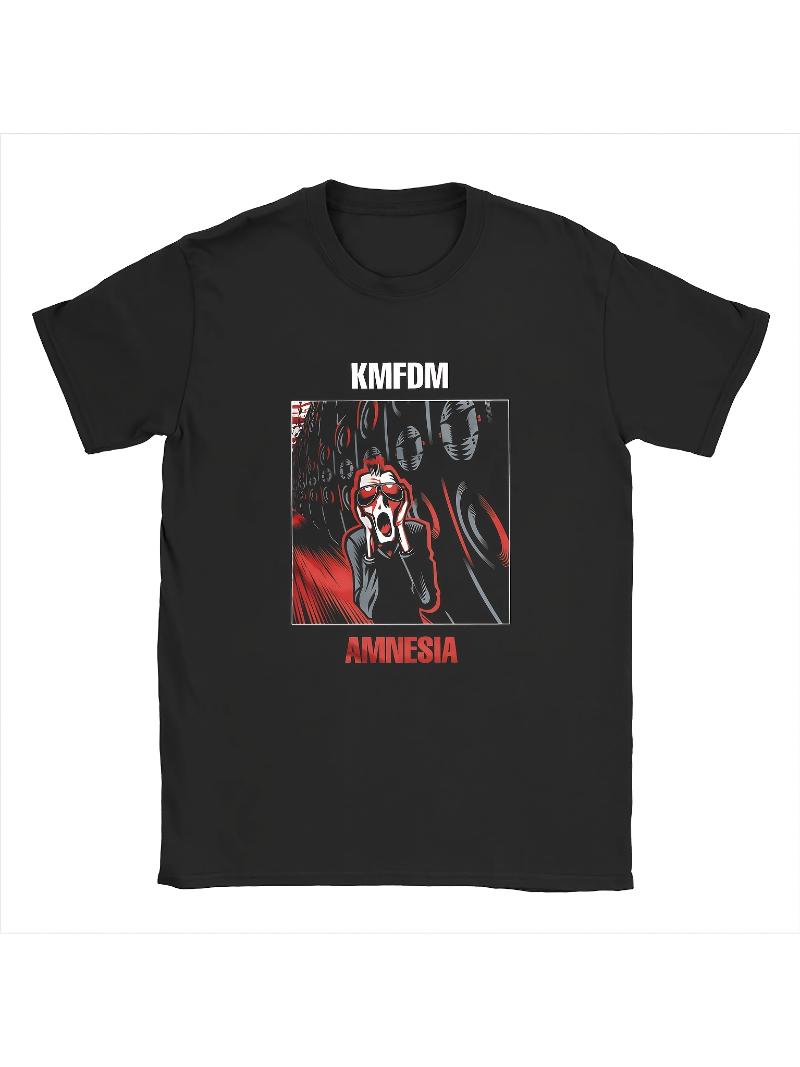

KMFDM Amnesia Pattern Unisexs Tshirt Black Short sleeved Tshirt featuring a striking red and white design casual shirt S