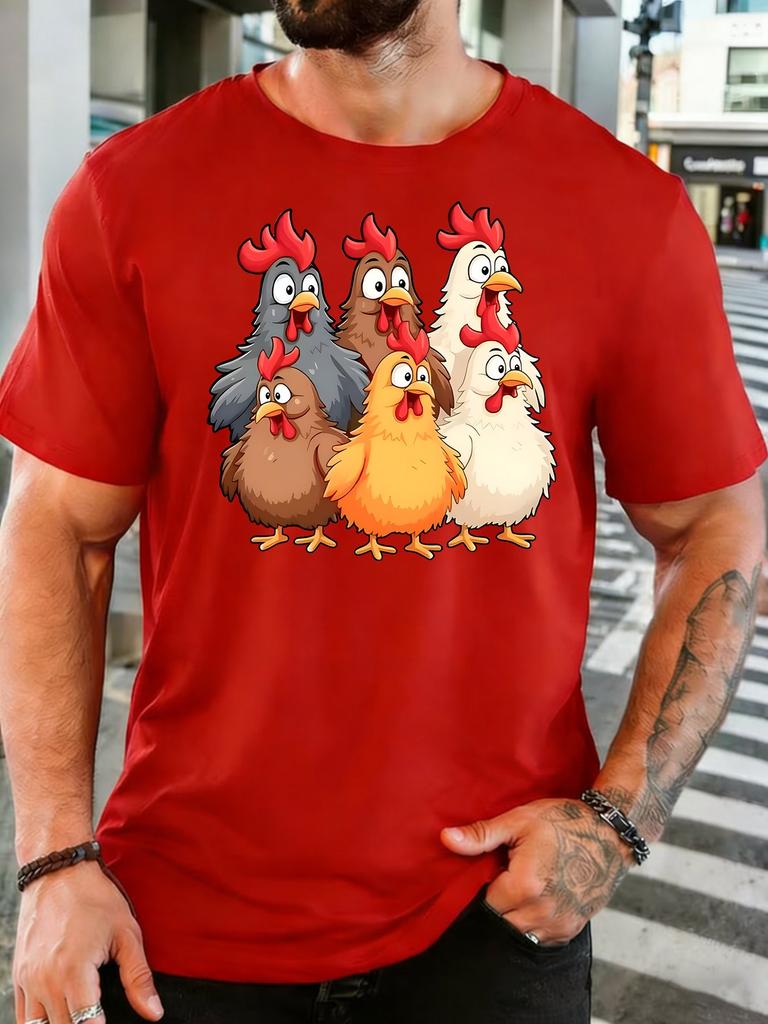 Unisex Colorful Chicken Group Cartoon Graphic Cotton Short Sleeve Tee Crew Neck Soft Male Summer Casual Breathable Street Top