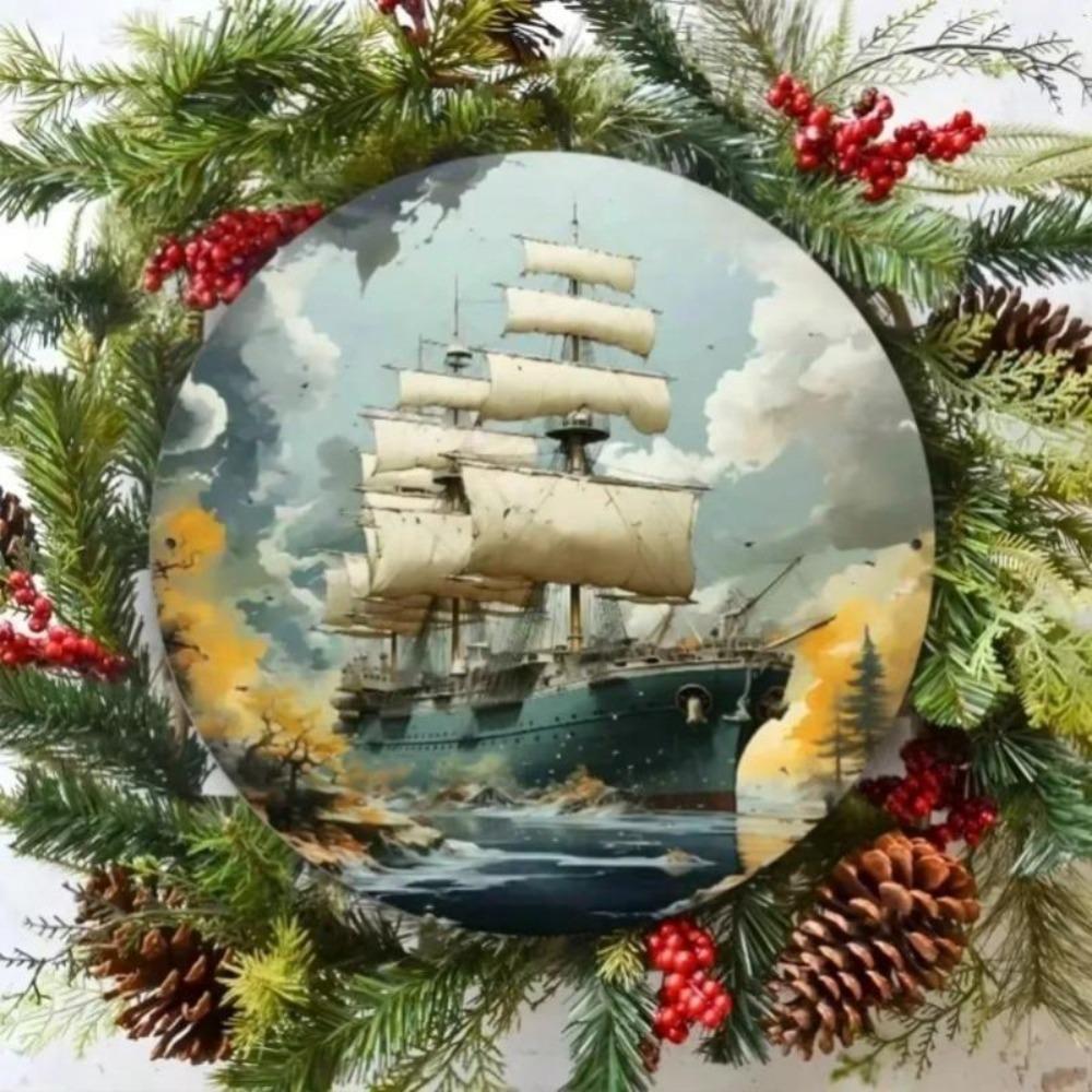 Nautical Ship Stormy Sea Round Metal Wall Art Iron Sign Home Bar Decor