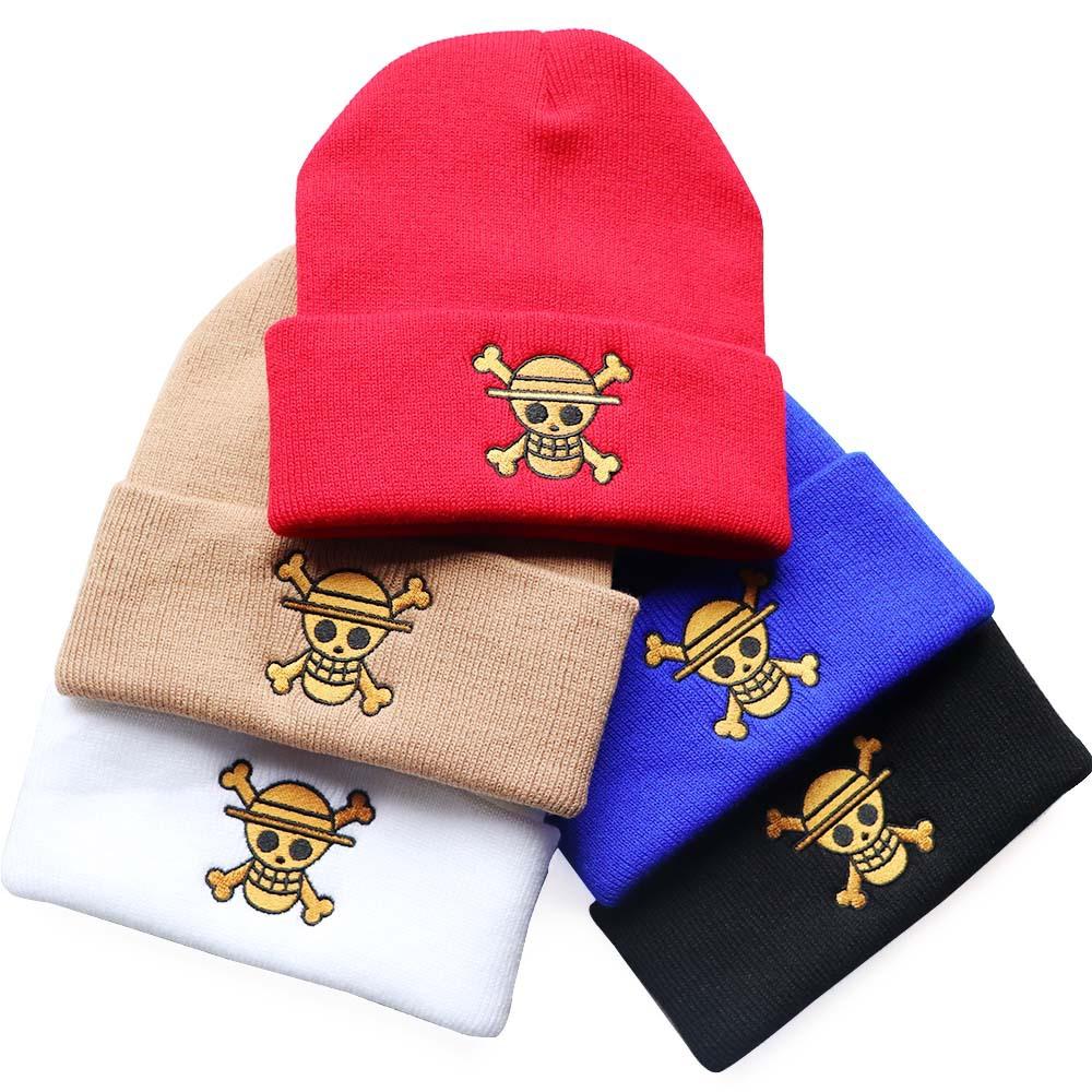 One Piece Cartoon Embroidered Knit Hat, Warm Pullover for Men and Women, Autumn and Winter Anime Cold Weather Hat, Student Woolen Hat