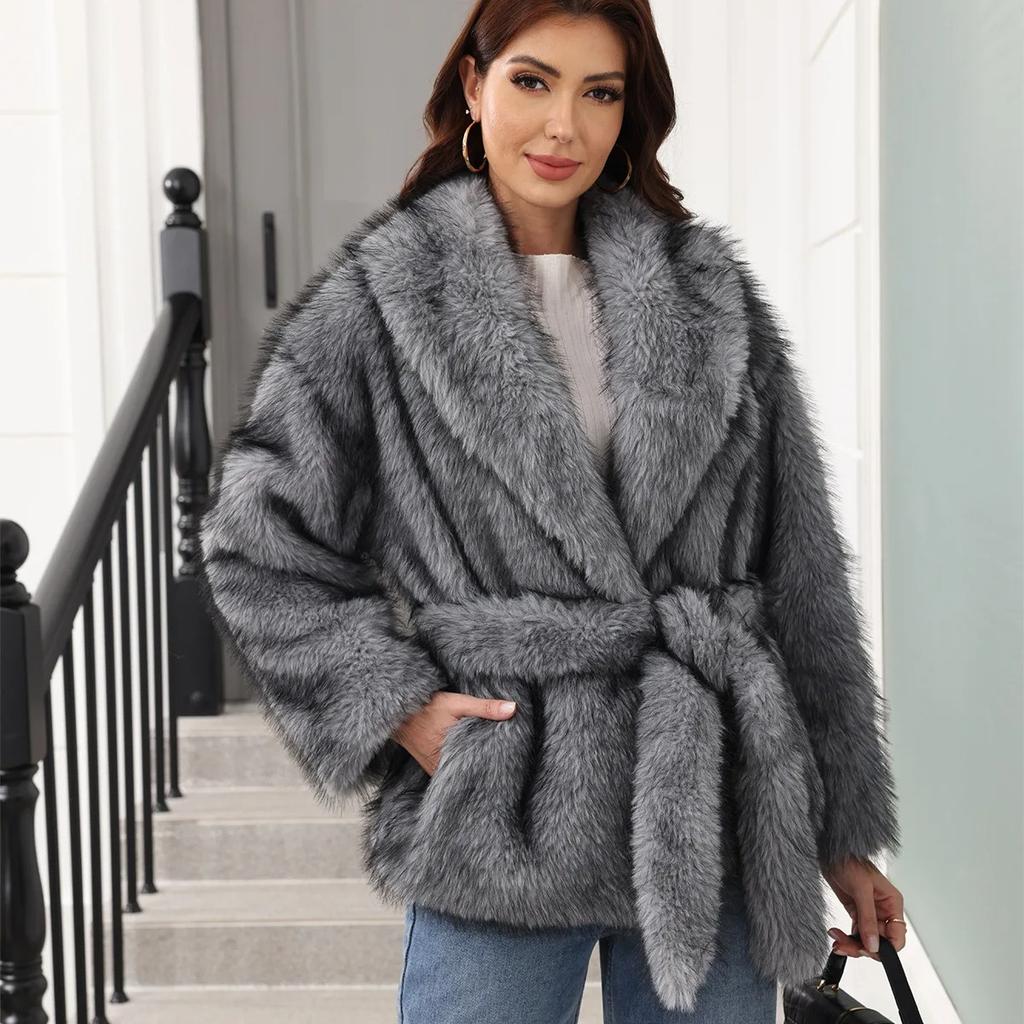 Long Faux Fur Coat Women Autumn Winter Large Jacket Overcoat Turn Down Collar Pockets Luxury Thick Coat Warm Jackets Maxi Coats
