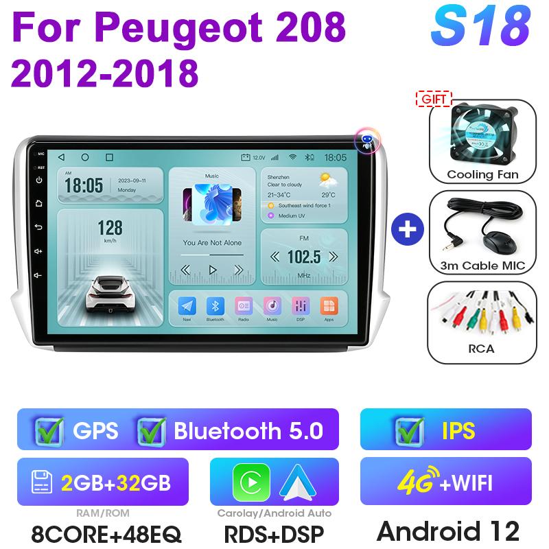 Android 12 Car Radio 10" For Peugeot 208 2008 2012 - 2018 2 Din Stereo Multimedia Video Player GPS 4G Wireless Carplay Auto DVD
