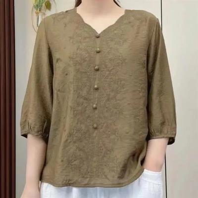 Vintage Embroidery Cotton Linen V-neck Mid Sleeve Casual Fashionable Loose Fit Women's Clothing Summer High End