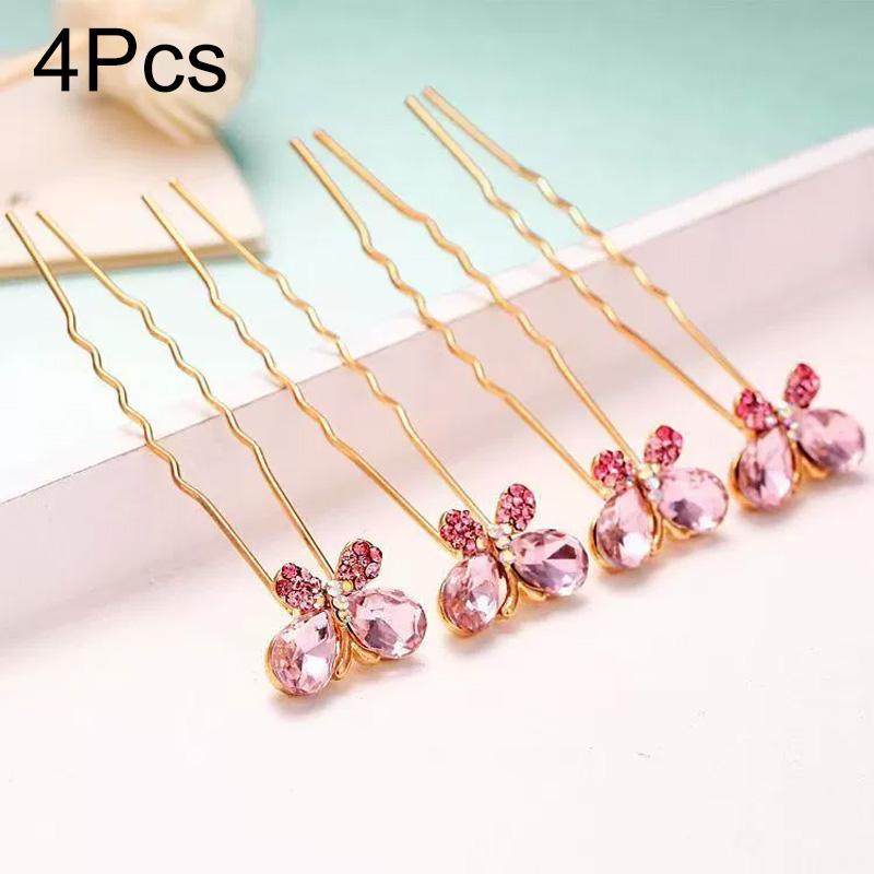 

4Pcs Bride s Hair Exquisite Hair Clip Elegant Small Pin Shine Rhinestone U-shaped Hair Clip Btterfly розовый