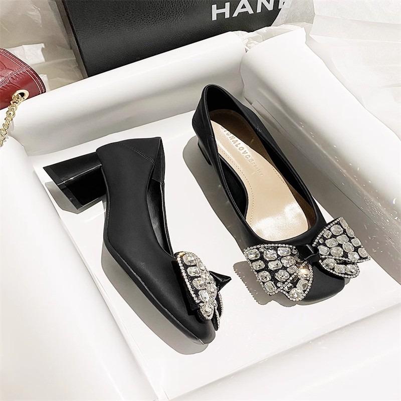 Mode Herbst Neue Einzelne Schuhe Damen Mode Runde Spitze Flacher Ausschnitt Diamant Schmetterlingsknoten Slipper Absatz Niedrige Schuhe