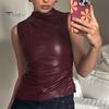 Moda damska kamizelka motocyklowa kołnierz z kołnierzykiem bez rękawów dekoracje na zamek błyskawiczny topy nieregularny brzeg rozciągliwy top ze sztucznej skóry