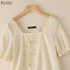 ZANZEA Women Square Collar Casual Short Sleeve Grid Print Blouse