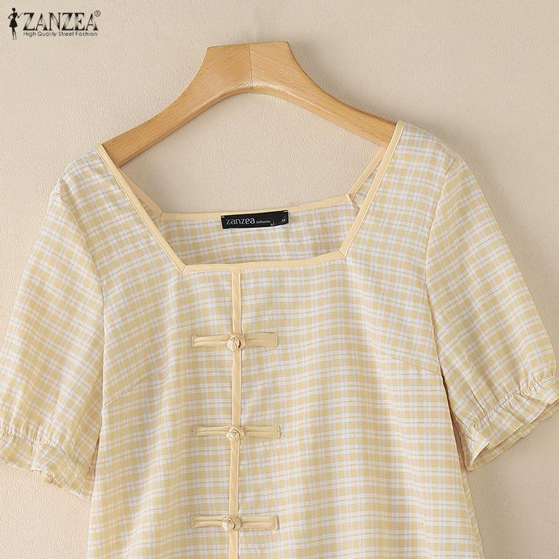 ZANZEA Women Square Collar Casual Short Sleeve Grid Print Blouse