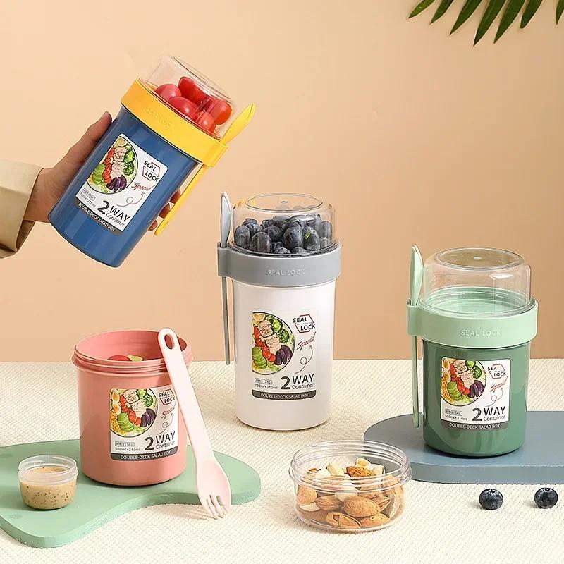 790ml/990ml Salat Haferflockenbecher Frühstück Doppelbecher Müsli Nuss Joghurt Behälter Set mit Dressinghalter Gabel Mahlzeit Vorbereitung