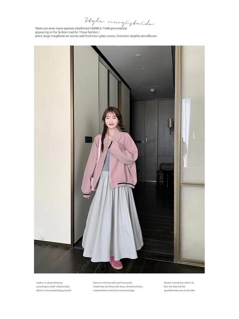 Women's Pink College Style Baseball Jacket - Chic Petite Spring/Autumn Trend