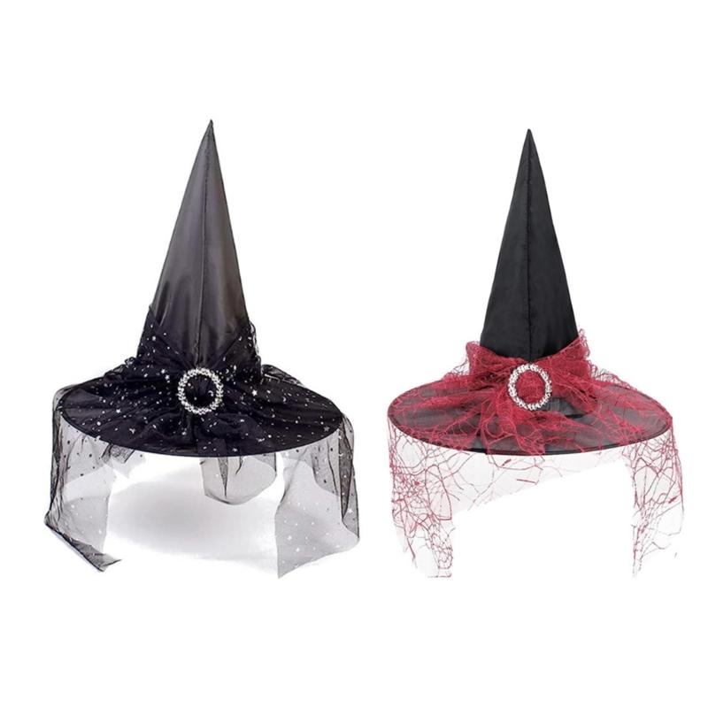 Witch Hat Sunglasses Gloves for Halloween Party Decorations Wizard Cap Photo Props Wide Brim Hat with Blingblign Veil