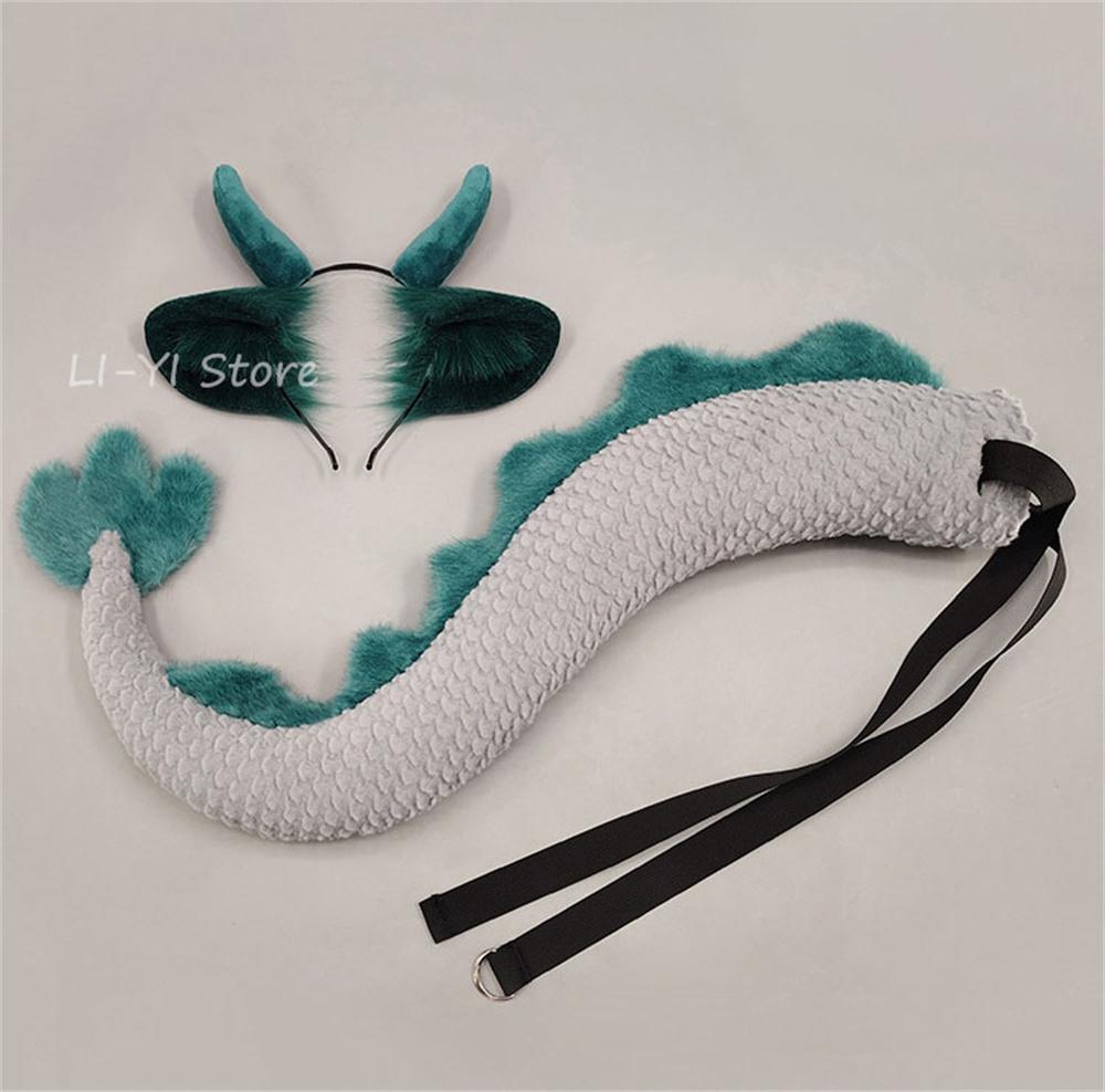 2 Stück/Set Drachen-Cosplay-Requisiten, Drachenohren & Hörner Stirnband mit Schwanz, Weiße Drachen-Kostümzubehör für Anime-Convention ear and tail gray
