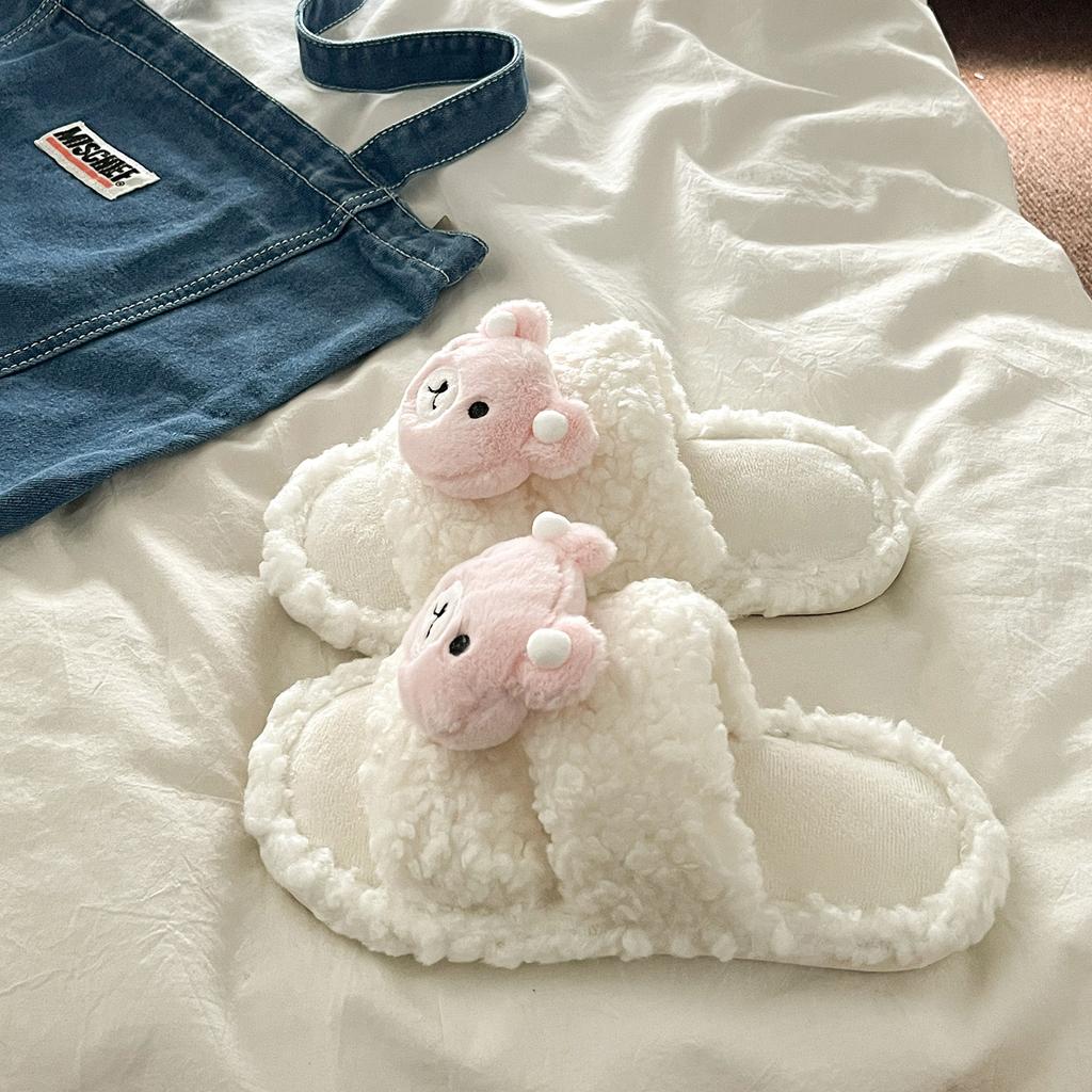 Plush Slippers Women 2025 New Autumn Winter Lightweight Non Slip Soft Sole One Word Slippers Cute Warm Comfortable Flats