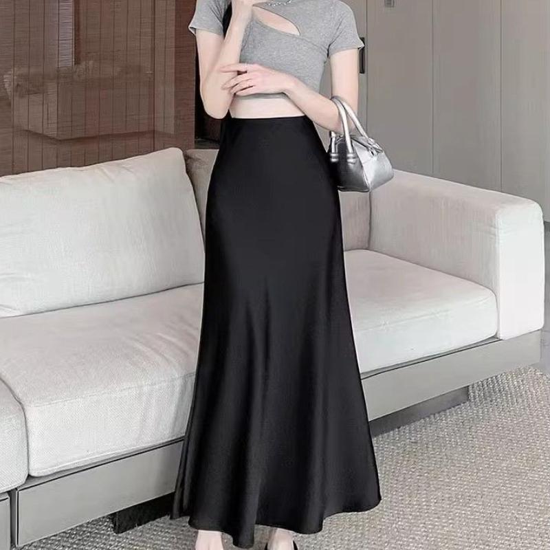 Women's Spring Summer High-Waisted Slimming Mid-Length Satin Bodycon Mermaid Hem Long Skirt with Drapey Fabric