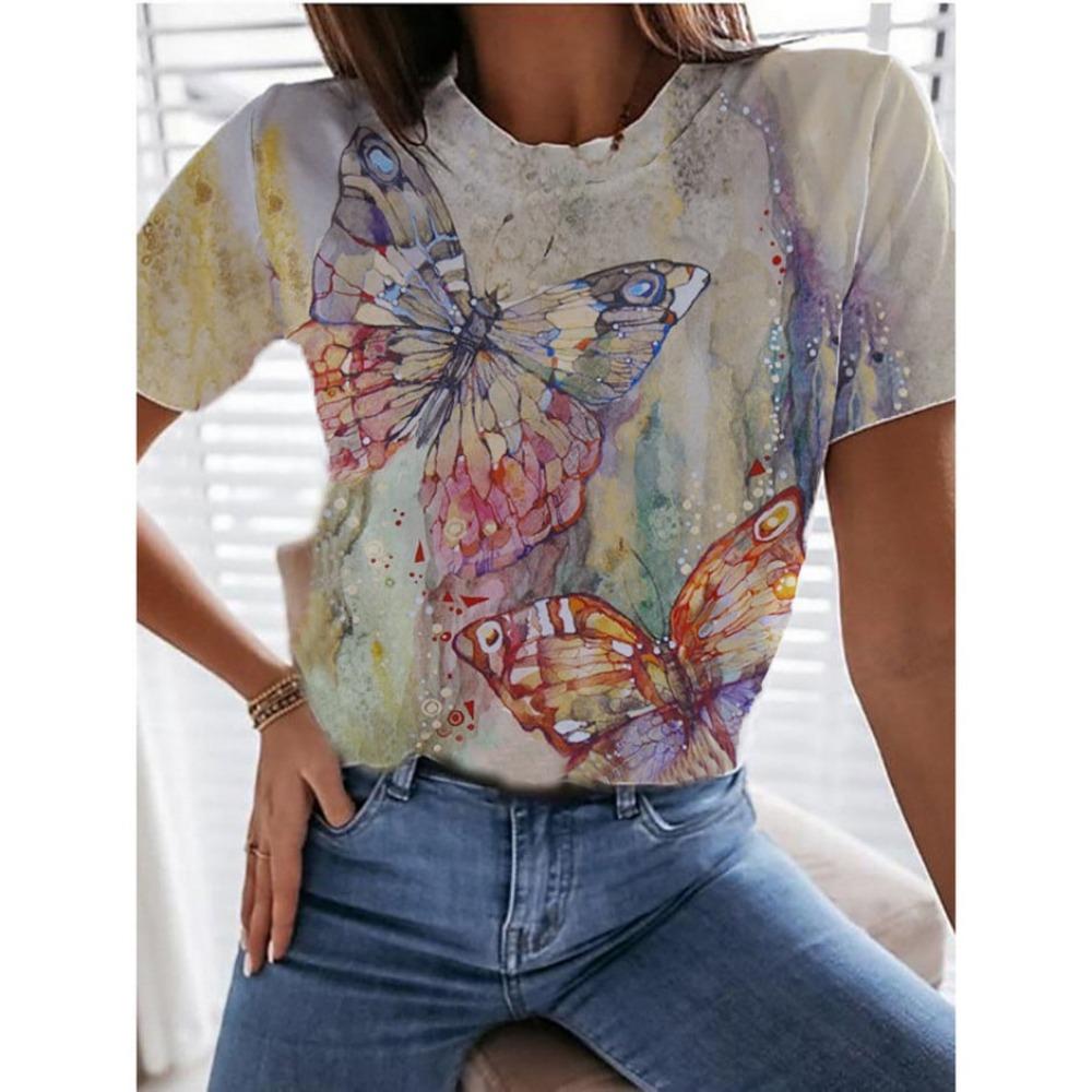 Colorful Flower Butterfly 3D Printed T-shirt for Women, Round Neck Short Sleeve T-shirt
