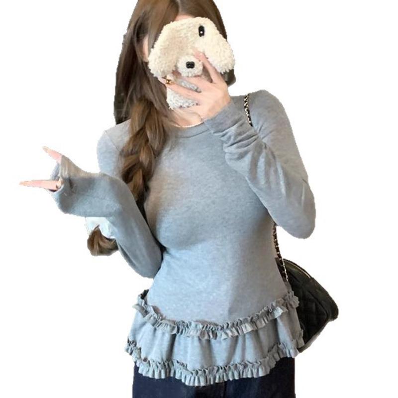 Women Fashion Slim Basic Ruffle Patchwork Long Sleeve T-Shirt Spring Autumn Winter Thickened Crew Neck Pullovers