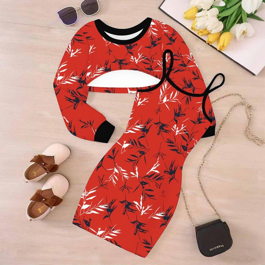 Girls Cartoon 2 Piece Outfits, Long Sleeve Crop Top + Spaghetti Strap Bodycon Dress, Multicolor Garden Print Party Dress Set