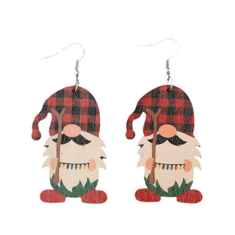 Festive Santa Plaid Hat Retro Wooden Earrings