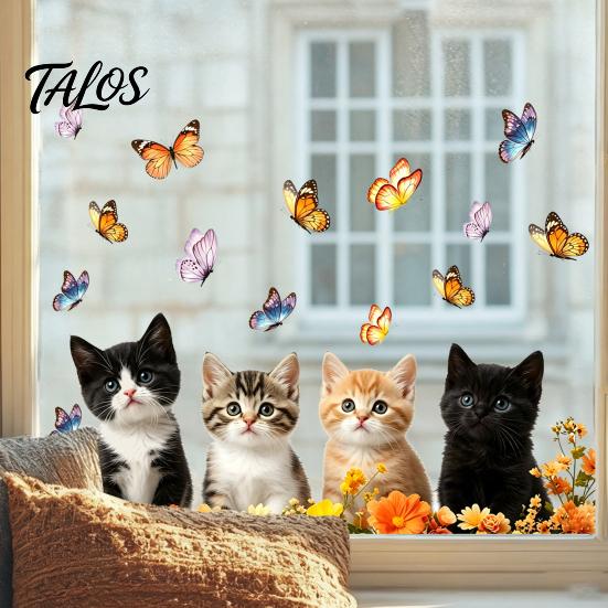 Non-damaging Glass Decal Cat Butterfly Static Sticker, Waterproof Animal Window Decoration Sticker Decal, Removable Pet for Bedroom Balcony