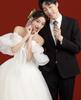 2026 One-Shoulder Wedding Dress with Bow: Slimming Puffy Skirt & Puff Sleeves, Floor-Length Princess Fairy Look for Travel Photos and Events.