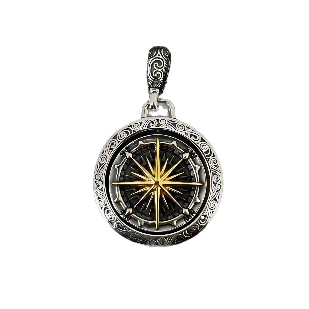 Sterling Silver Rotatable Nautical Compass Anchor Pendant - Double-Sided Arabesque Design for Men & Women