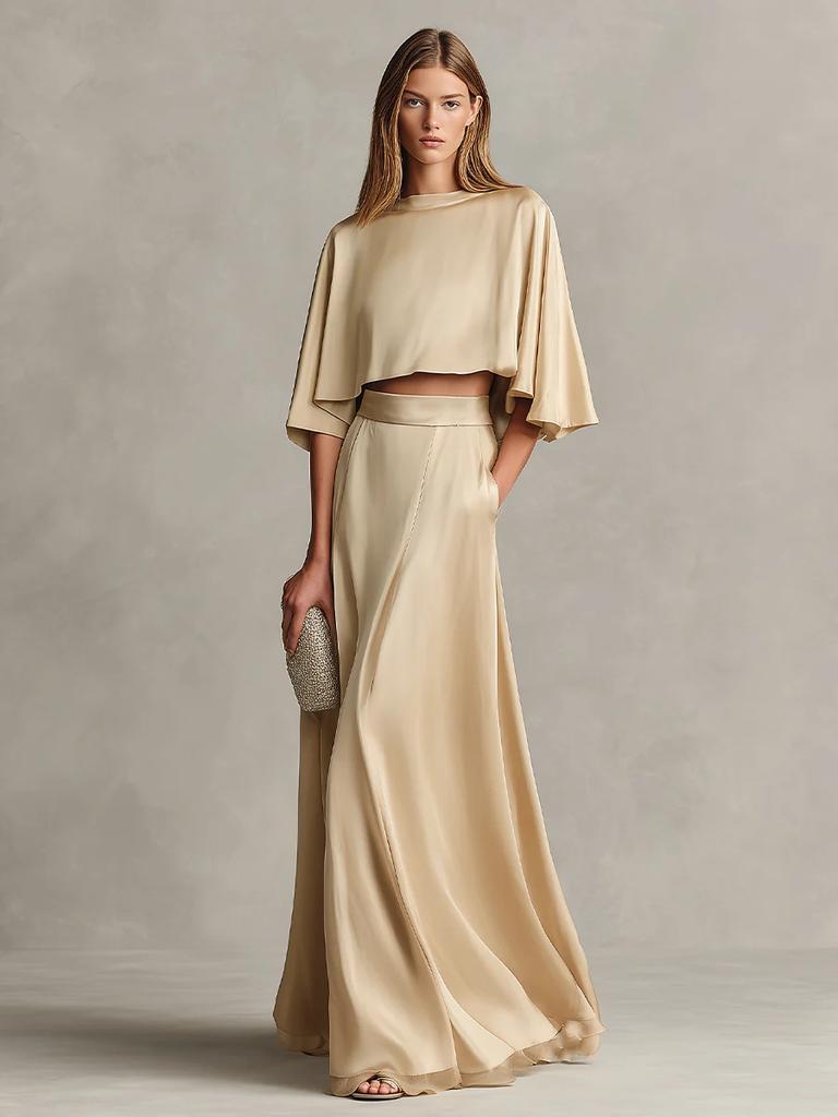 Spring/Autumn New Ladies Satin Shawl Sleeve Long Dress Set Eternal Luxury Elegant Style Outfit