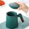 Large Capacity Ceramic Tea Water Separation Cup Wooden Handle Ceramic Tea Cup Coffee Cup  Office