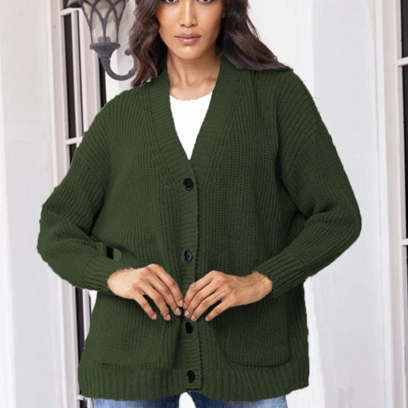 Spring and Autumn Women's V-neck Solid Color Loose Single-breasted Sweater Knitted Cardigan