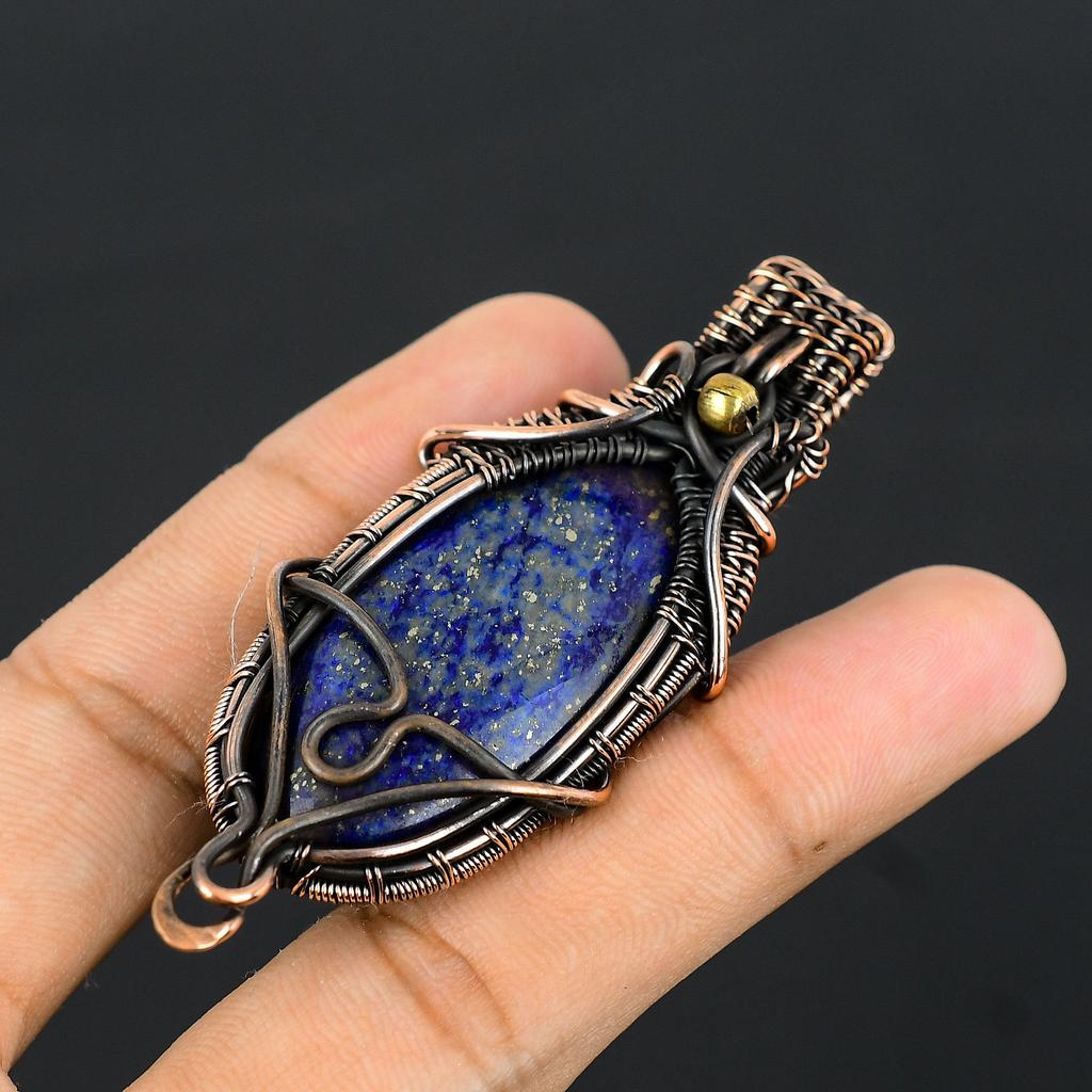 Natural Lapis Lazuli Gemstone Handmade Copper Wire Wrapped Pendant 2.8" K0I52