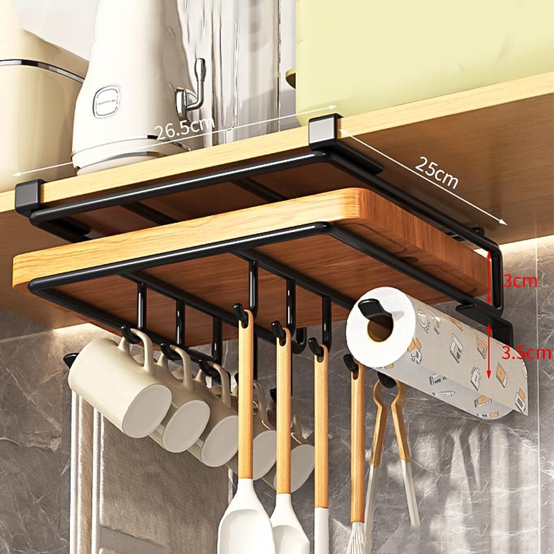 Kitchen Under Cupboard Hanging Organizer Rack with Hook Paper Towel Rags Hanger Cutting Board Pot Cover Holder Storage Shelf