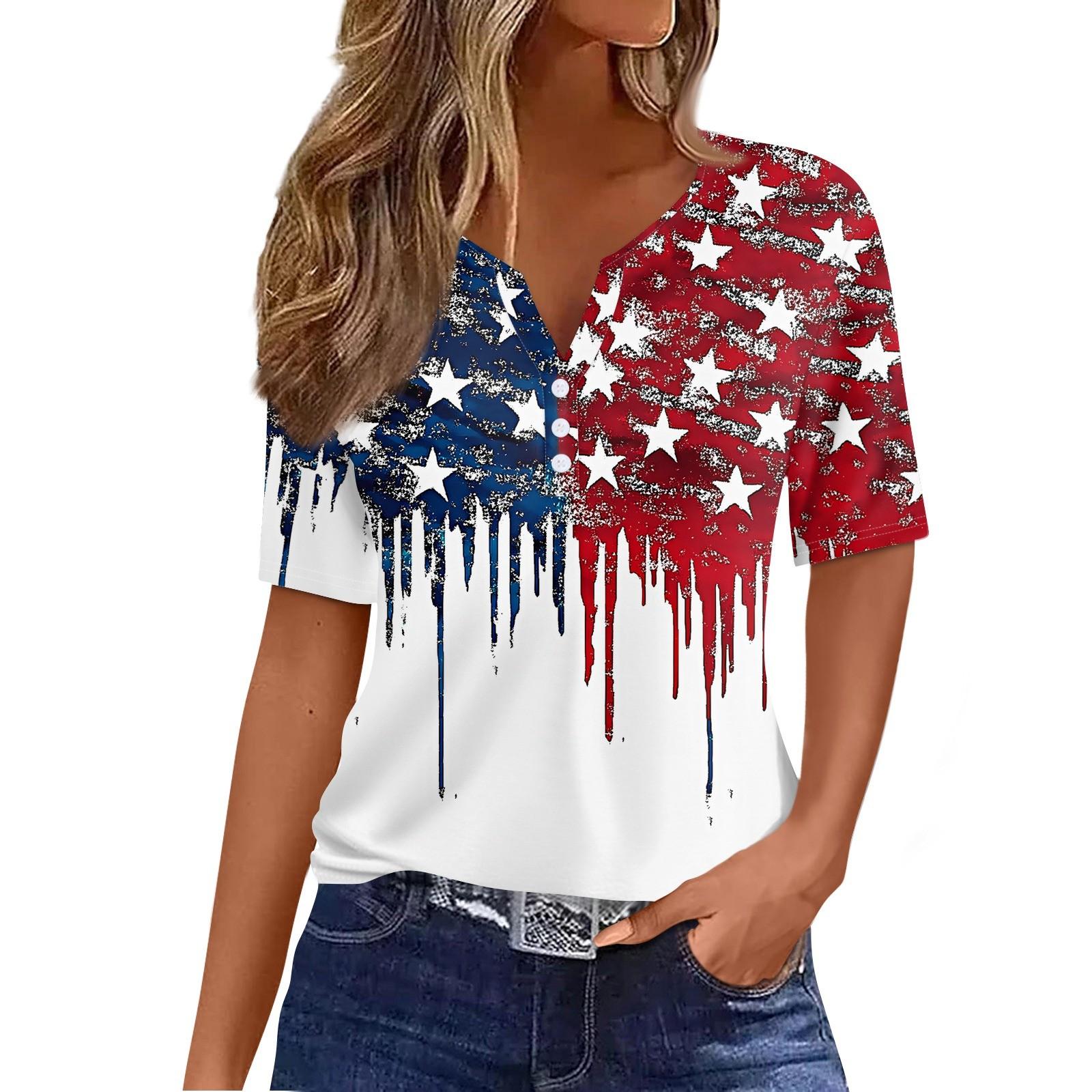 

Жіноча футболка з принтом до Дня Незалежності, на ґудзиках, з коротким рукавом, повсякденна, для вихідних, модна, базова, з V-подібним вирізом, звичайна XXL білий