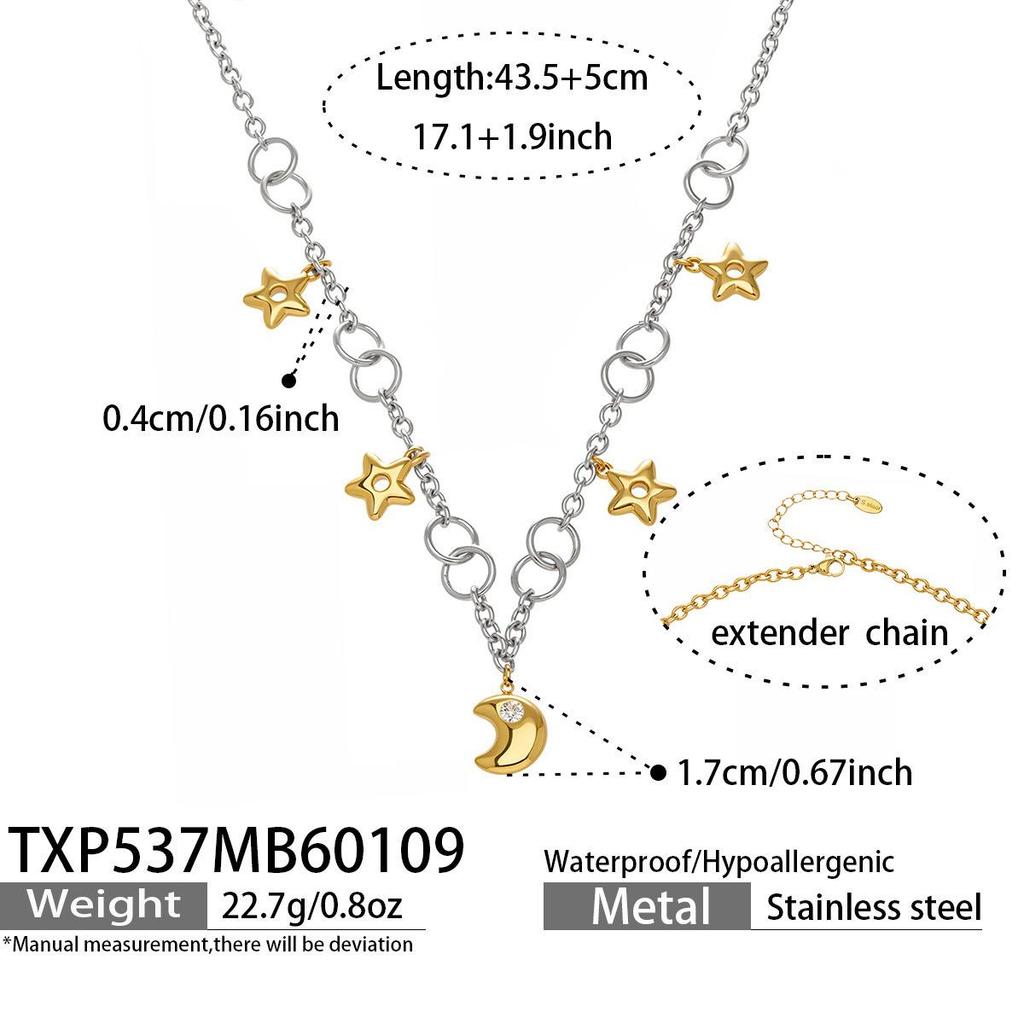Exquisite Fairy Star & Moon Pendant Necklace Bracelet, Two-Color Electroplated Stainless Steel Clavicle Chain