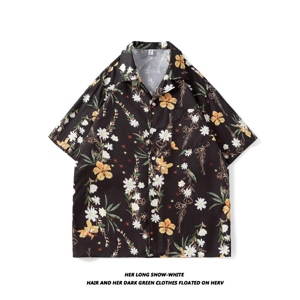 Summer Fashion Men's Hawaiian Shirt Men's Beach Flower Print Shorts Sleeve Shirt
