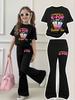 Girl Group KPOP Girls Flare Pants Set Spring Summer Fall Fashion T-Shirt Outfit 2-Piece Casual Sporty Comfort