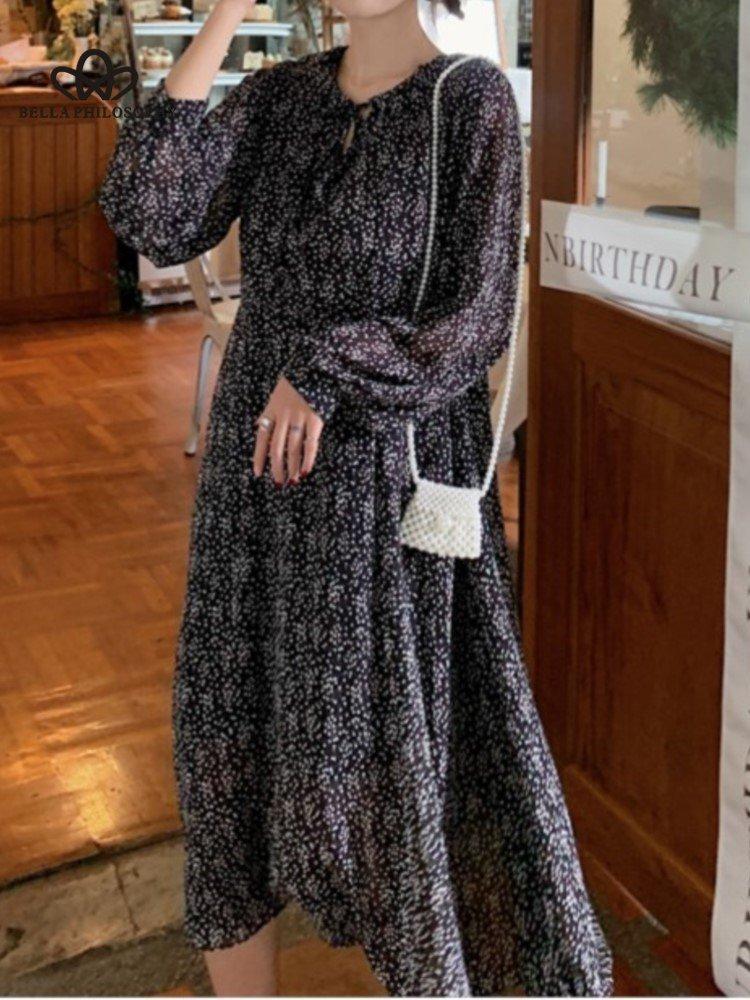 

Весеннее элегантное женское шифоновое платье с длинными рукавами и цветочным принтом в корейском стиле, повседневное элегантное длинное пляжное платье One Size чёрный