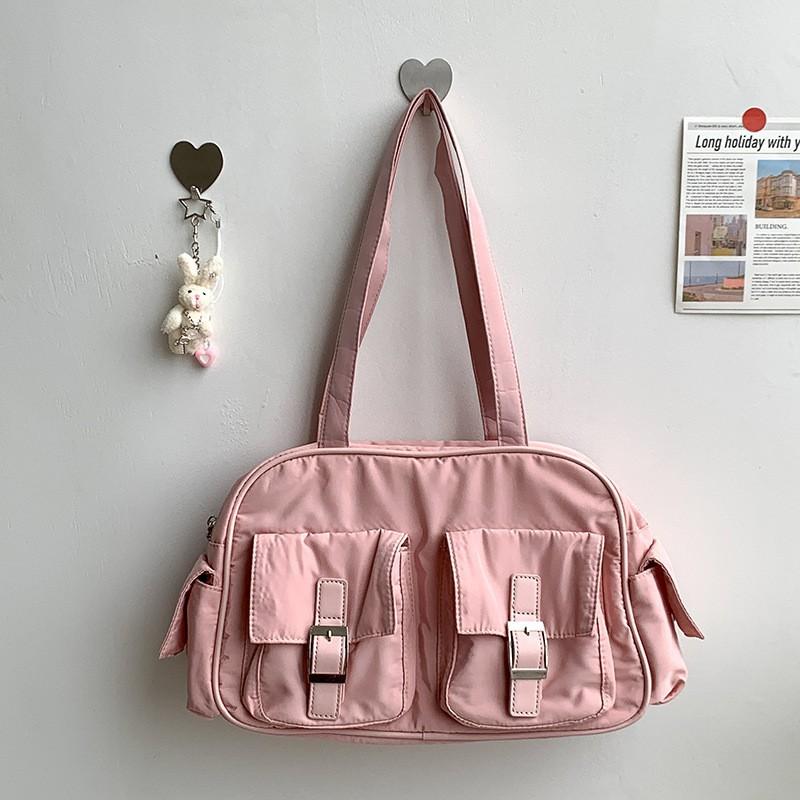 

Korean Style Large-capacity Women s Fashionable Light Handbag Casual Simple Nylon Tote Bag Multi-pocket Single-shoulder Underarm розовый
