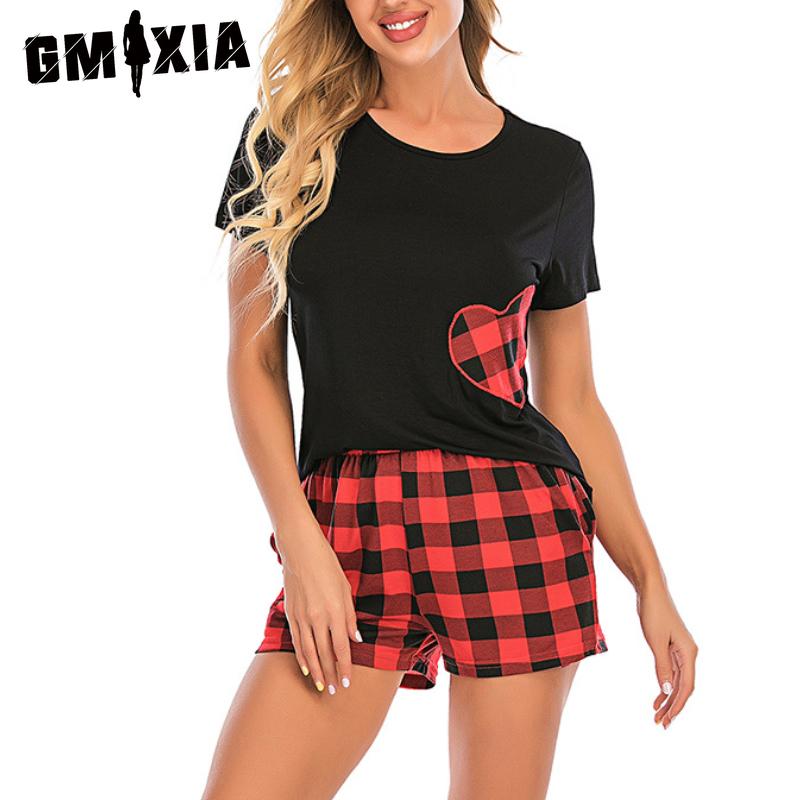

GMXIA Весенне-летняя пижама в клетку с надписью Love, с круглым вырезом, с короткими рукавами и шортами, два комплекта домашней одежды XXL чёрный/красный