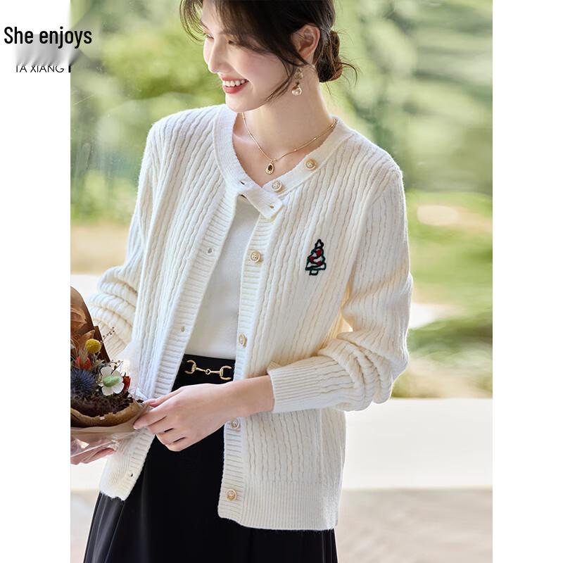 Women's Embroidered Round Neck Twist Knit Cardigan