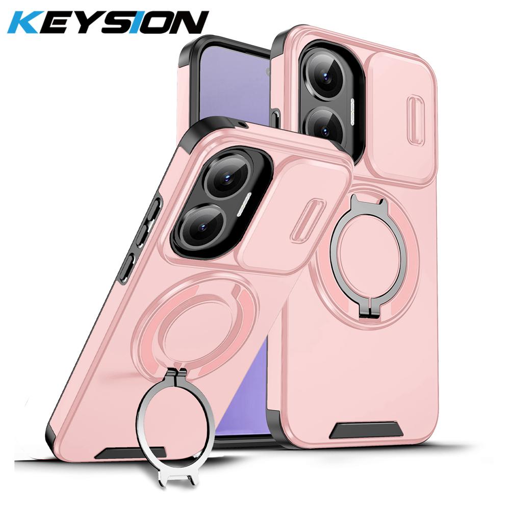 KEYSION 360° Ring Stand Phone Case for Xiaomi POCO F7 Slide Camera Protection Magnetic Shockproof Cover for Redmi Turbo 4 Pro