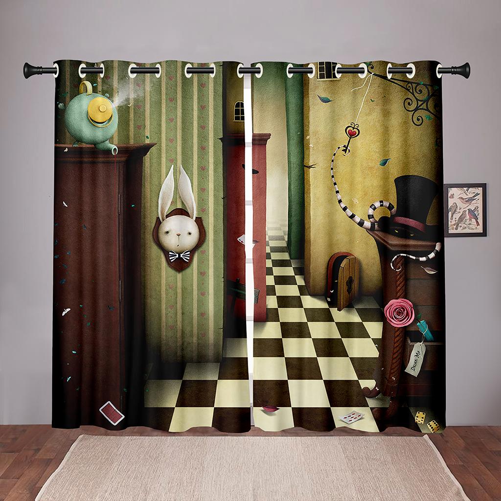 

Fantasy World Rabbit Ainimal Bird Girl Checkerboard Window Area Window Coverings Children Bedroom Living Interior Room Hall Area Treatments Kitchen W50 X H130(CM)X2&Grommet Top