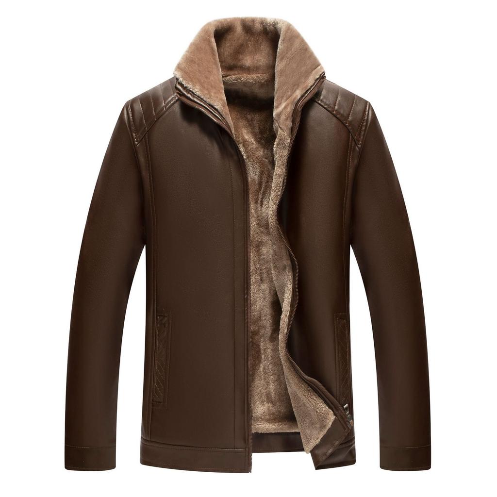 Winter Men's Plus Velvet Padded PU Faux Leather Jacket Fashion Lapel Fleece Warm Long Sleeve Zipper Coat Casual Fashion Trench Coat