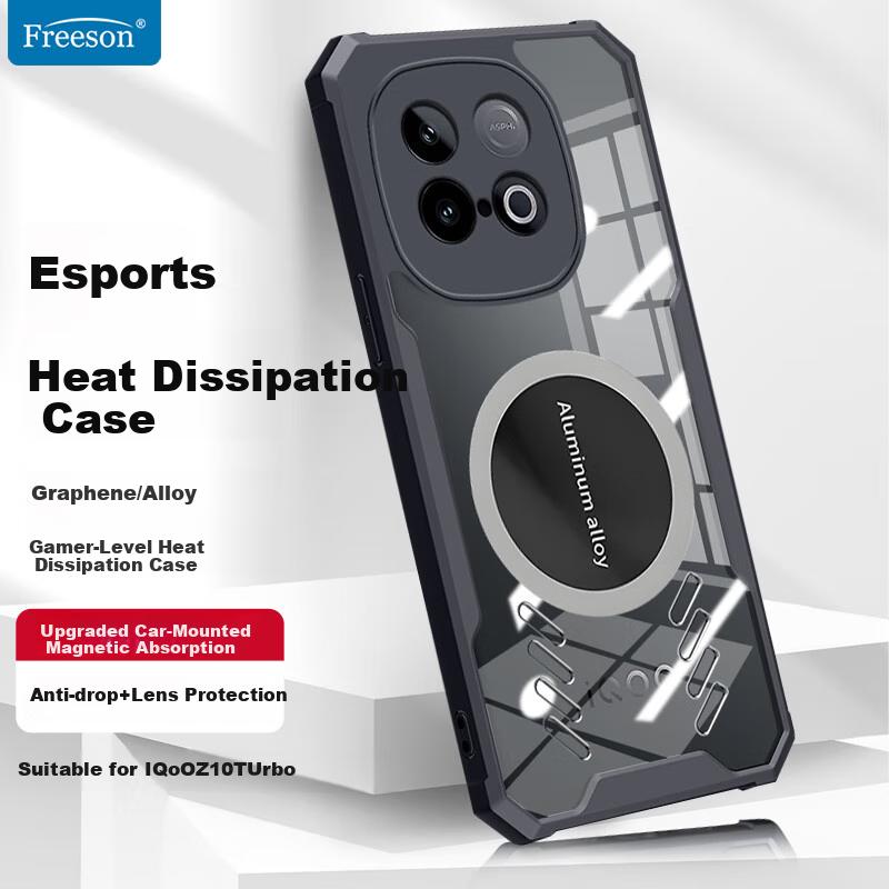 Heat Dissipation Phone Case for Vivo IQOO Z10 Turbo, Full Lens Protection, Shockproof, Corners, Transparent Metal Magnetic, Cooling Fans, Black