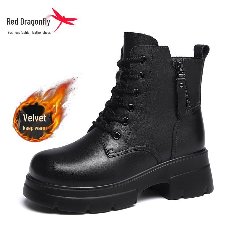 Women s British Style Genuine Leather Martin Boots - Thick Sole, Plus Velvet, Autumn/Winter, Short Red Dragonfly Design 40
