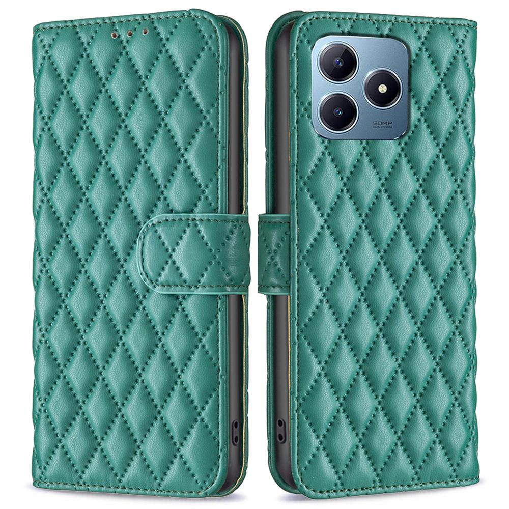 

For Realme Note 60x 4G/C63 4G/C61 4G Case Leather Phone Cover Rhombus Grid Wallet Green